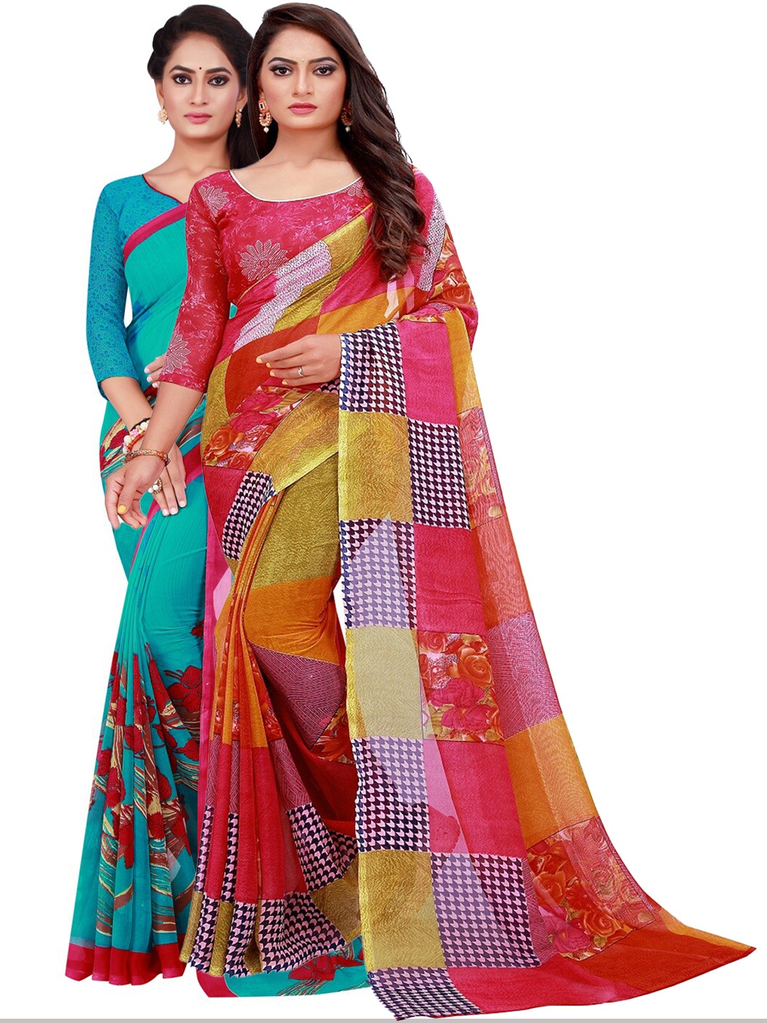 

Silk Bazar Red & Turquoise Pack of 2 Blue Pure Georgette Saree