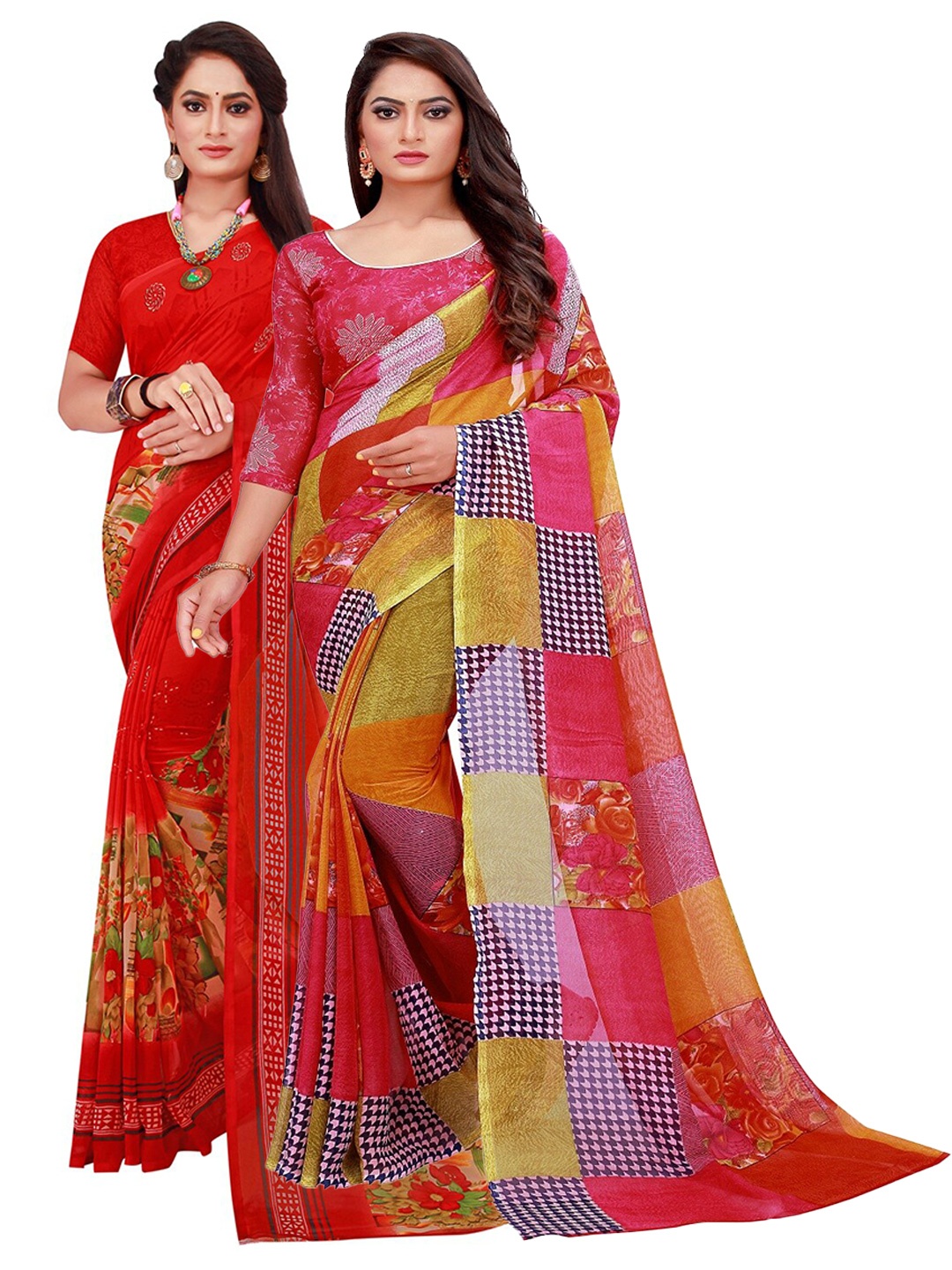 

Silk Bazar Red & Purple Pack of 2 Floral Pure Georgette Saree