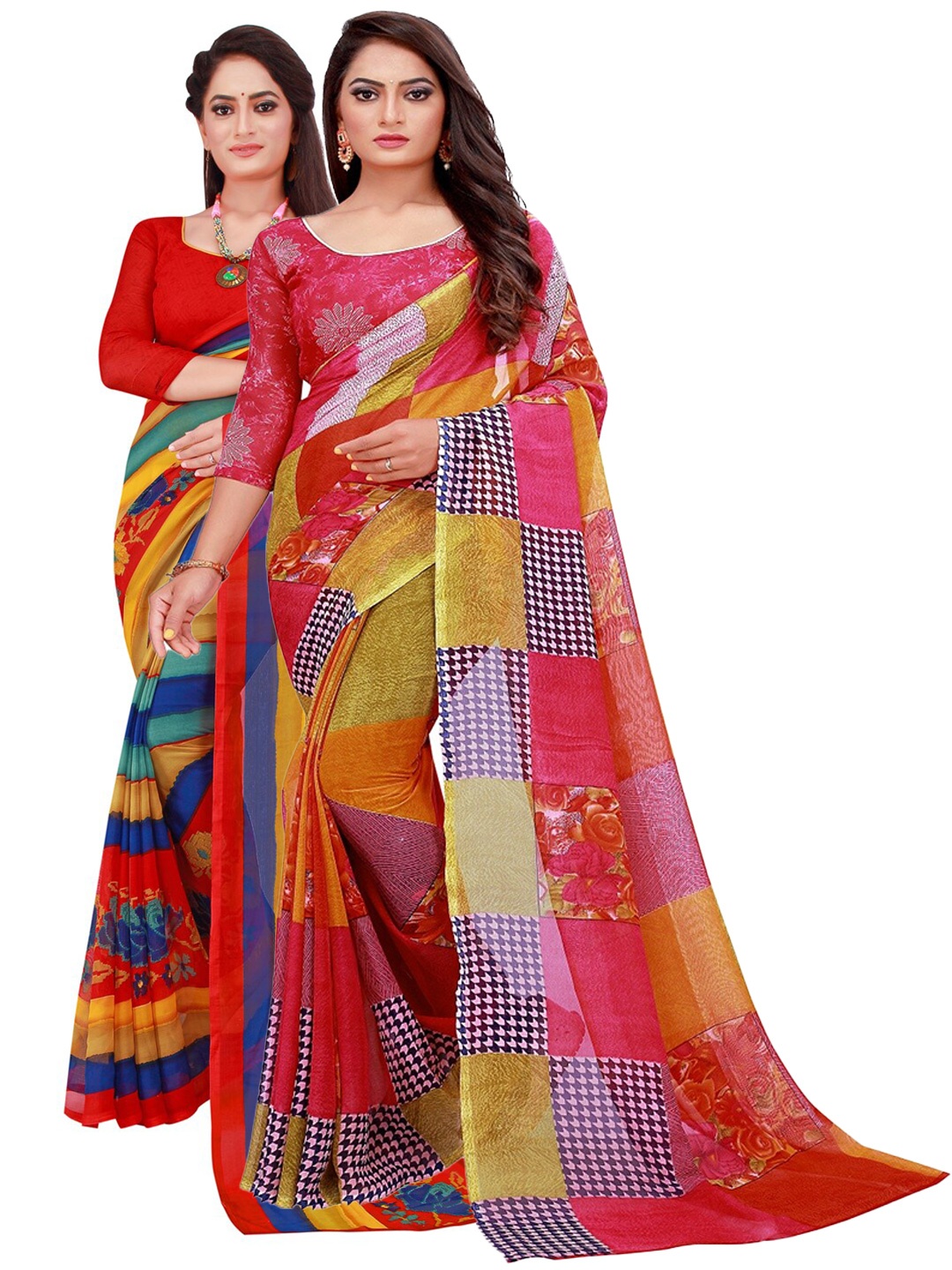 

Silk Bazar Red & Pink Pack of 2 Floral Pure Georgette Saree
