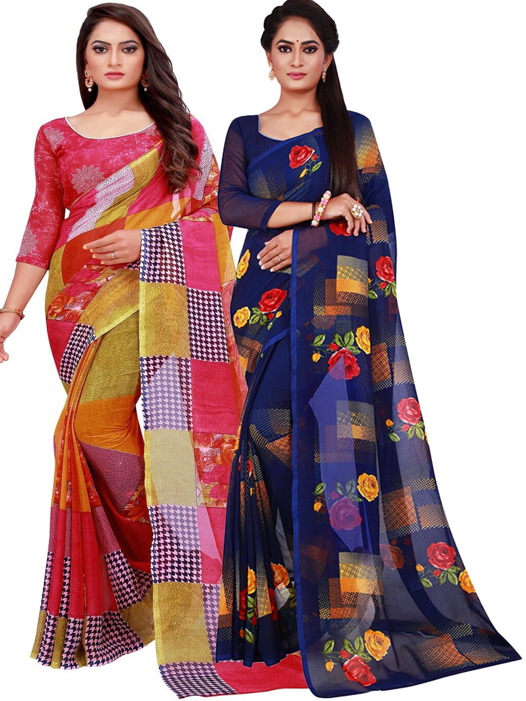 

Silk Bazar Red & Navy Blue Pack of 2 Floral Pure Georgette Saree
