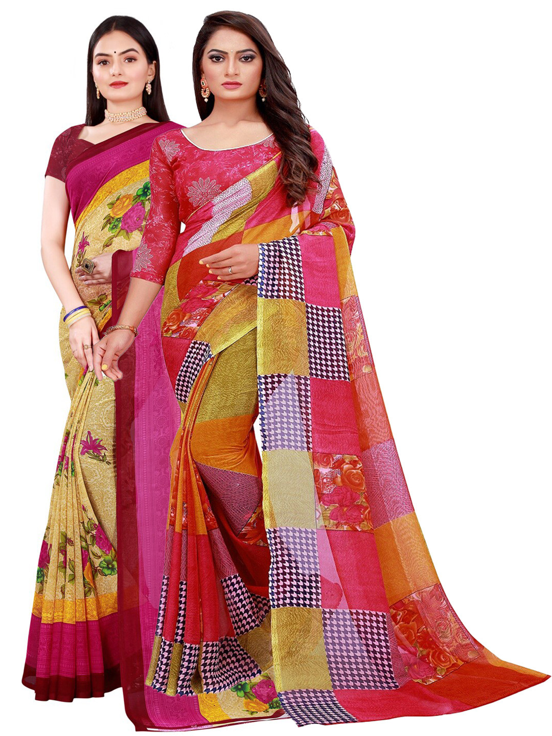 

Silk Bazar Beige & Red Pack of 2 Pure Georgette Sarees