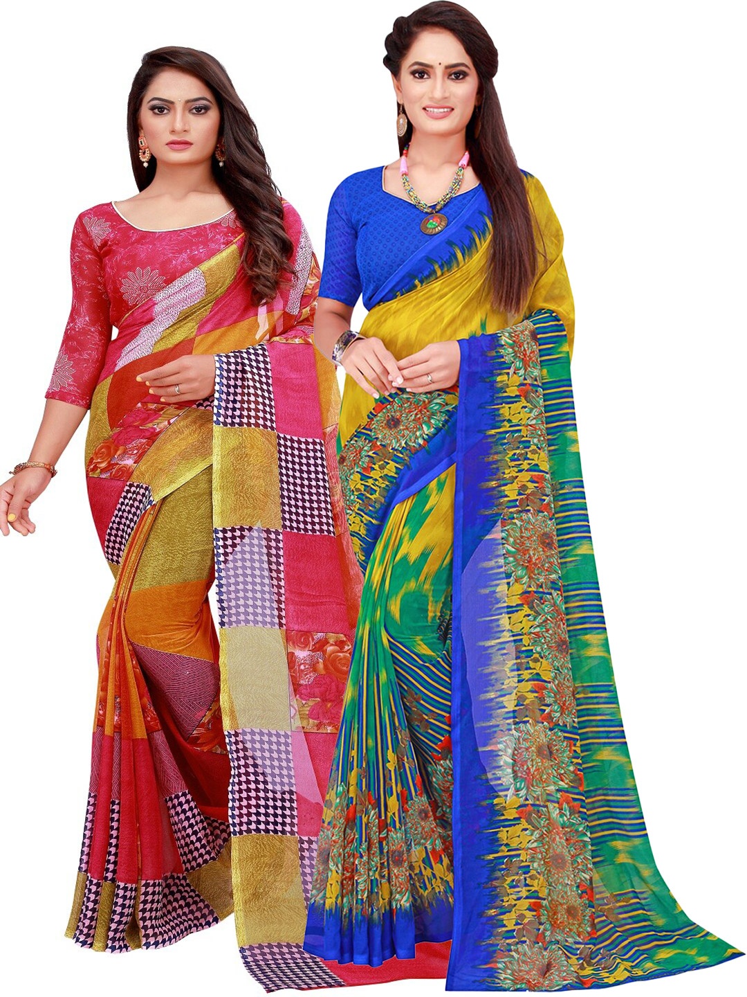 

Silk Bazar Red & Blue Pack of 2 Floral Pure Georgette Sarees