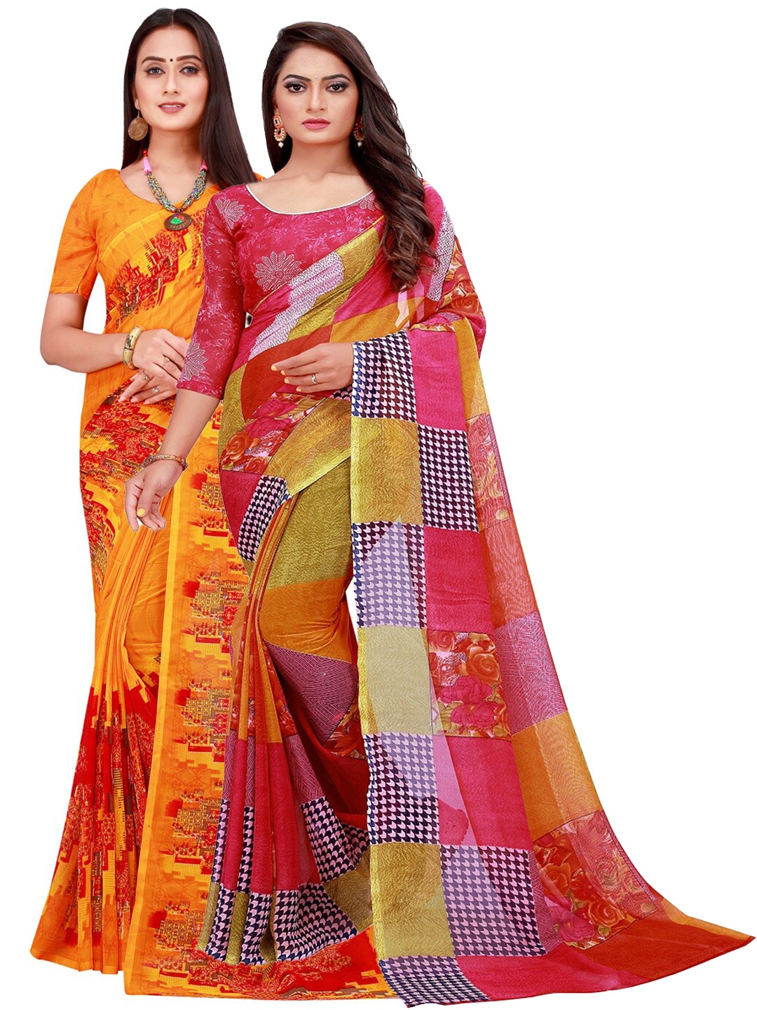 

Silk Bazar Orange & Red Pack of 2 Pure Georgette Sarees