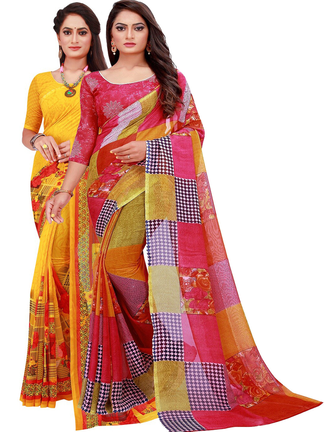 

Silk Bazar Yellow & Red Pack of 2 Pure Georgette Sarees