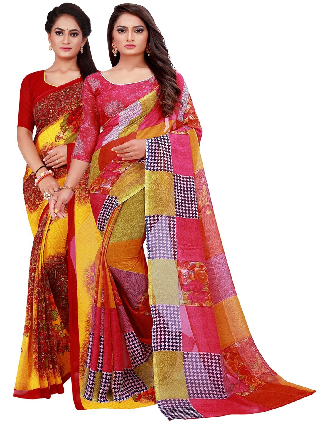 

Silk Bazar Maroon & Pink Pack of 2 Floral Pure Georgette Sarees