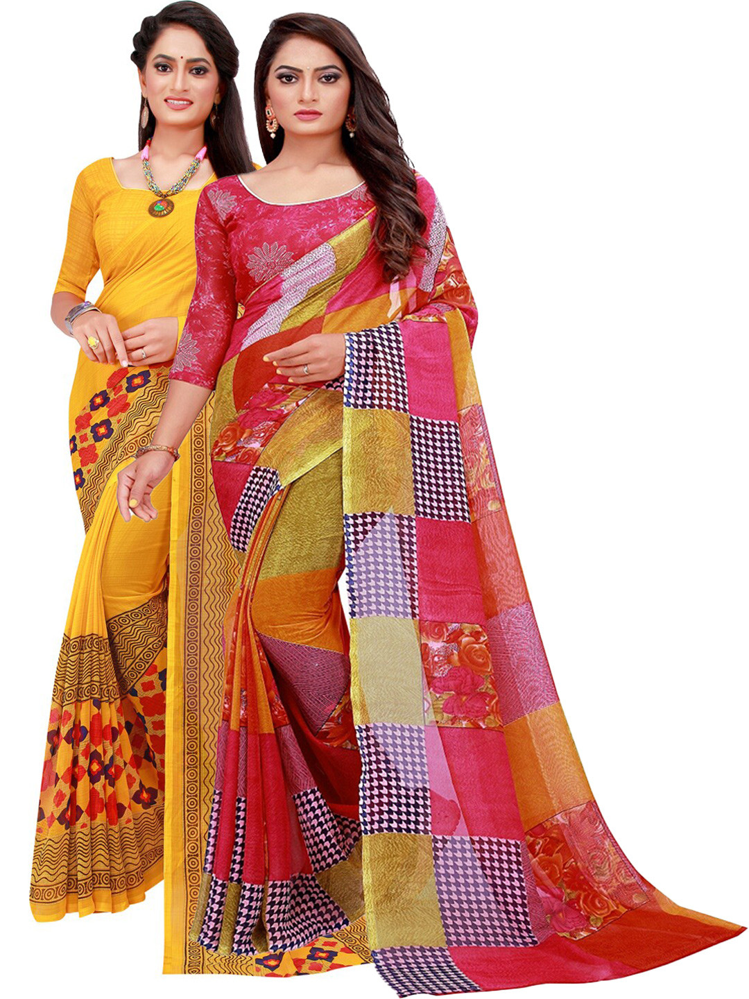 

Silk Bazar Red & Yellow Pack of 2 Floral Pure Georgette Sarees