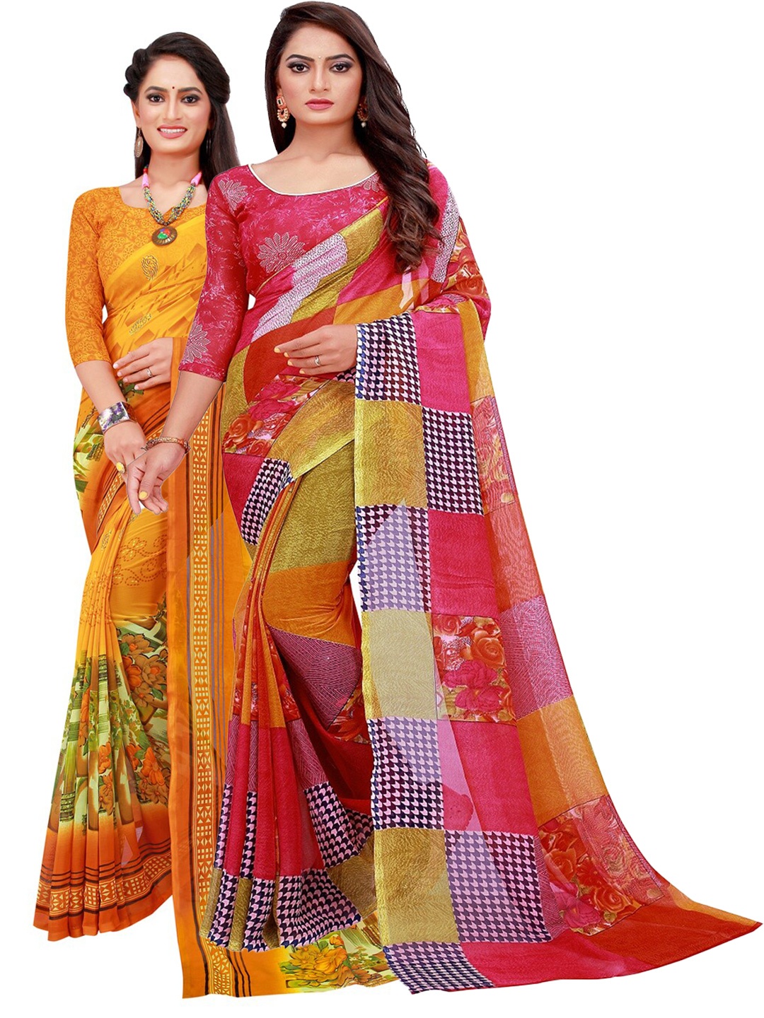 

Silk Bazar Red & Yellow Pack of 2 Pure Georgette Sarees