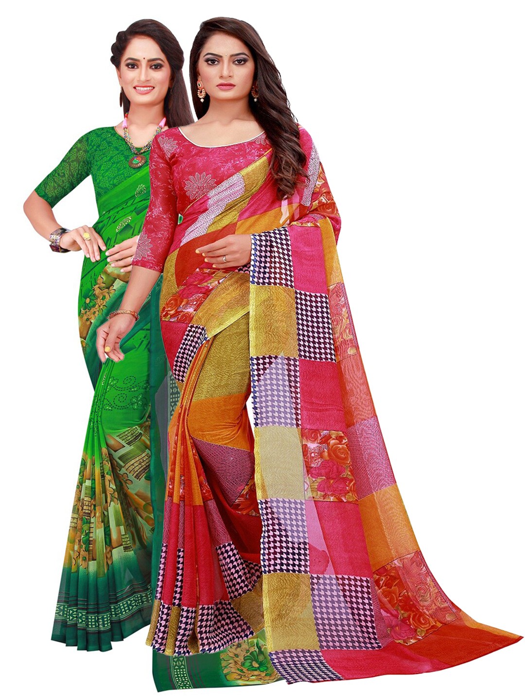 

Silk Bazar Red & Green Floral Pack of 2 Pure Georgette Sarees
