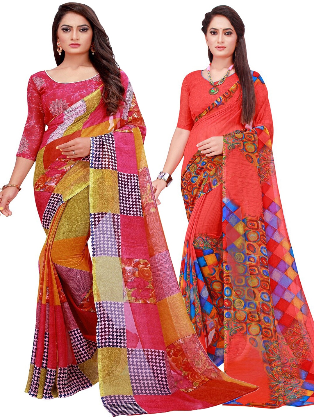 

Silk Bazar Red & Pink Pack of 2 Pure Georgette Sarees