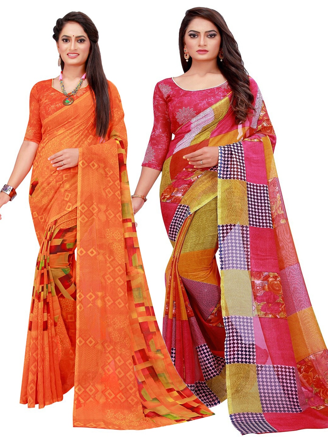 

Silk Bazar Orange & Red Pack of 2 Pure Georgette Sarees