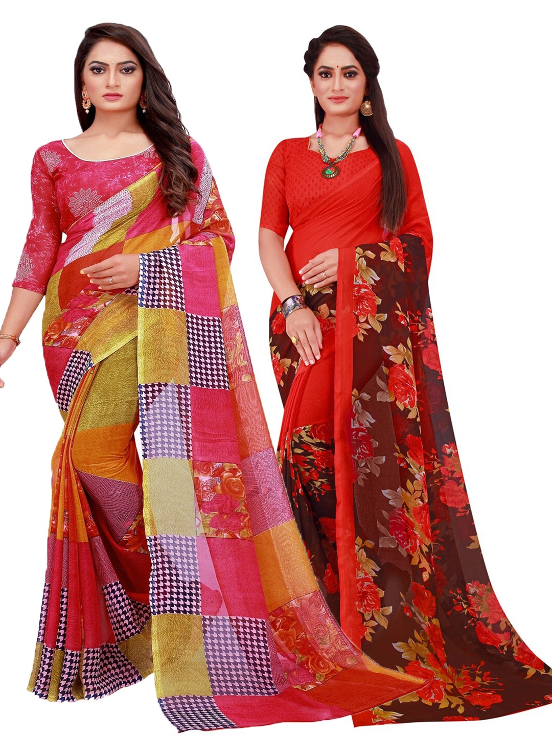 

Silk Bazar Red & Pink Pack of 2 Floral Pure Georgette Sarees