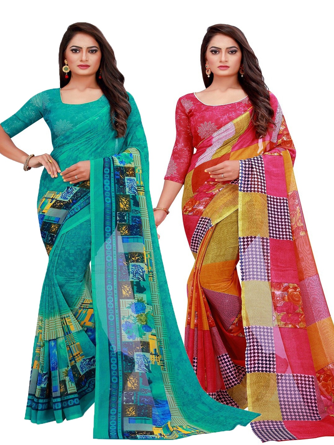 

Silk Bazar Turquoise Blue & Red Pack of 2 Floral Pure Georgette Sarees