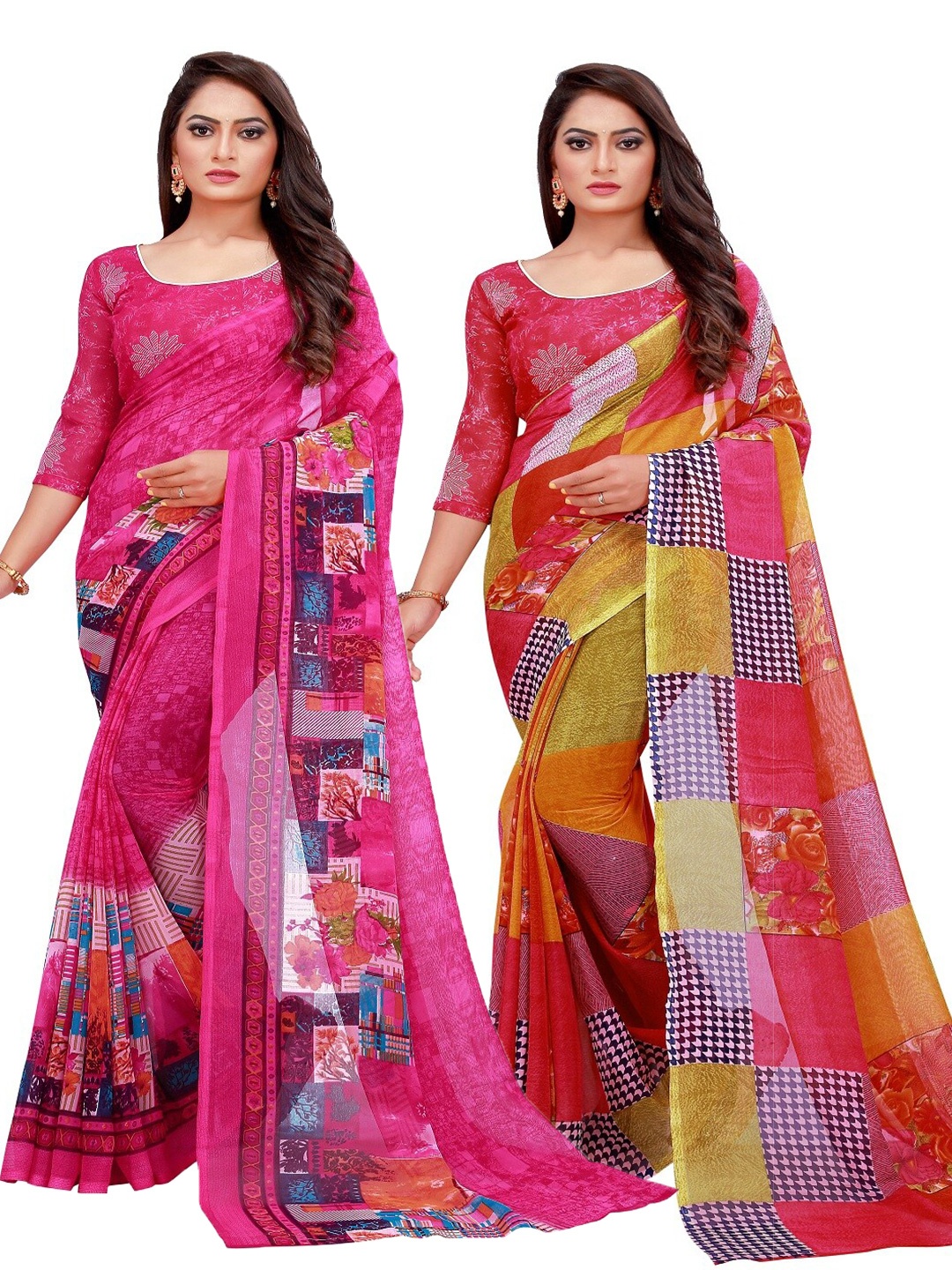 

Silk Bazar Magenta & Red Pack of 2 Pure Georgette Sarees