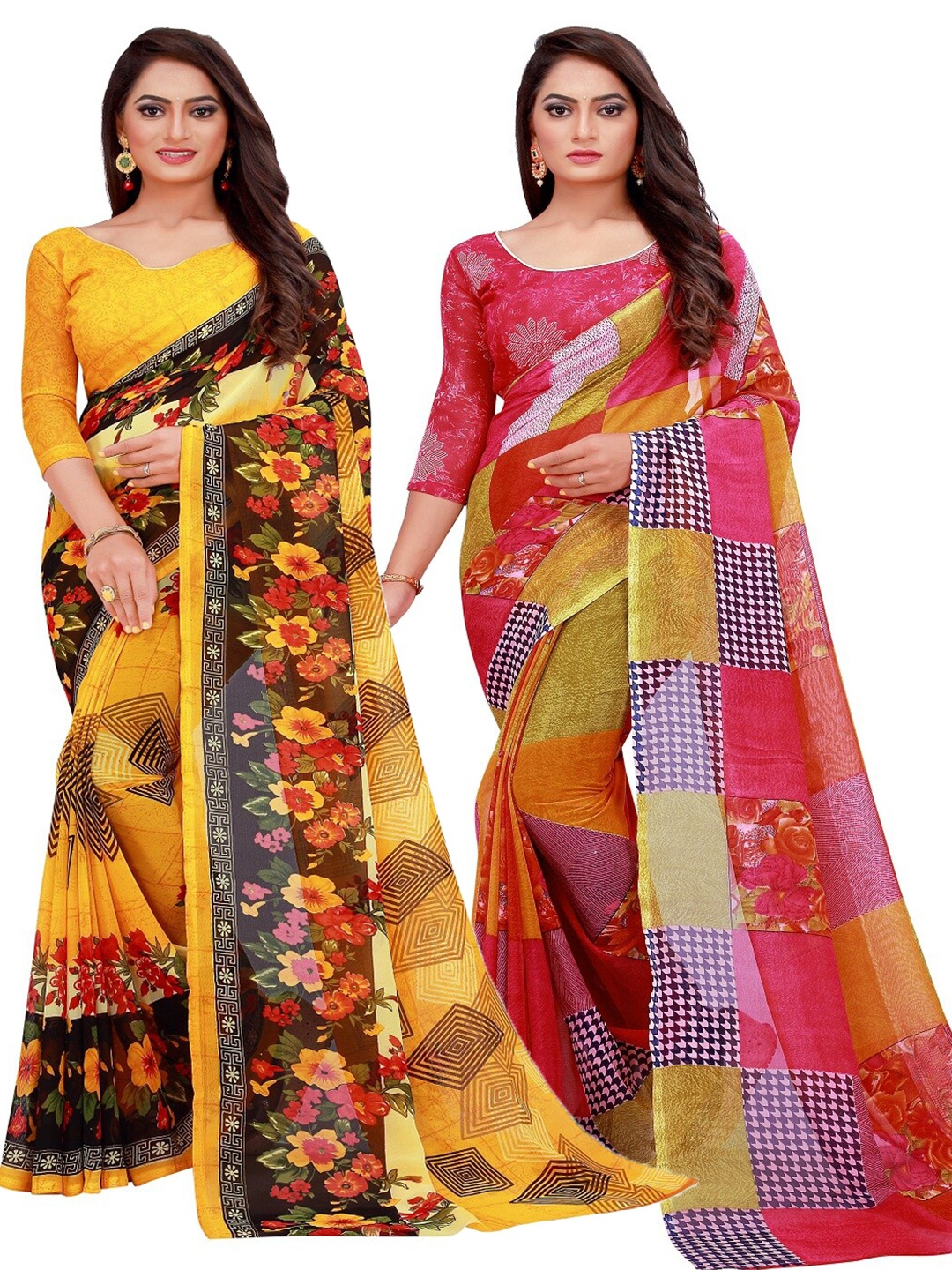 

Silk Bazar Yellow & Red Pack of 2 Floral Pure Georgette Sarees