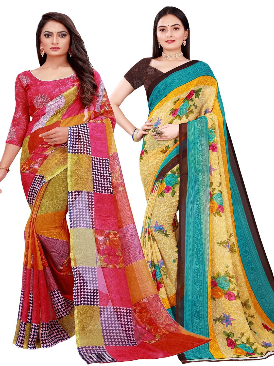 

Silk Bazar Red & Beige Pack of 2 Pure Georgette Sarees