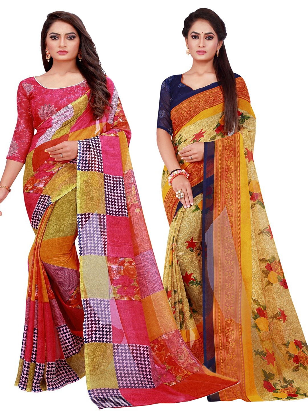 

Silk Bazar Red & Beige Pack of 2 Pure Georgette Sarees