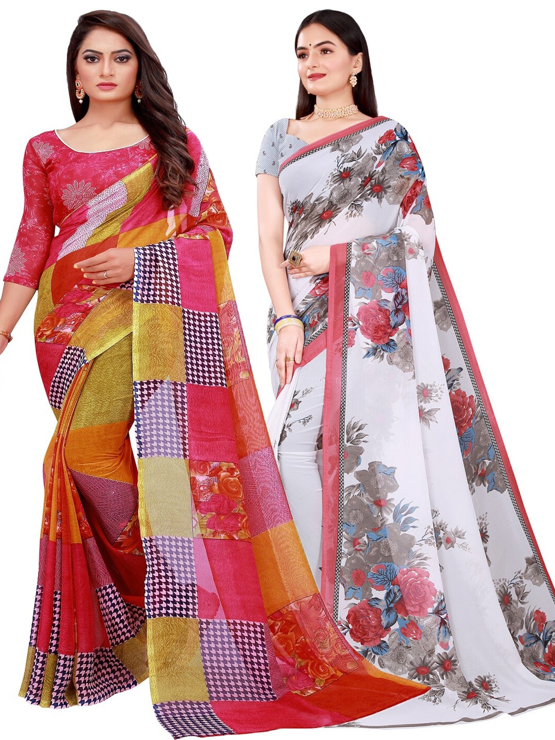 

Silk Bazar Red & White Pack of 2 Pure Georgette Sarees