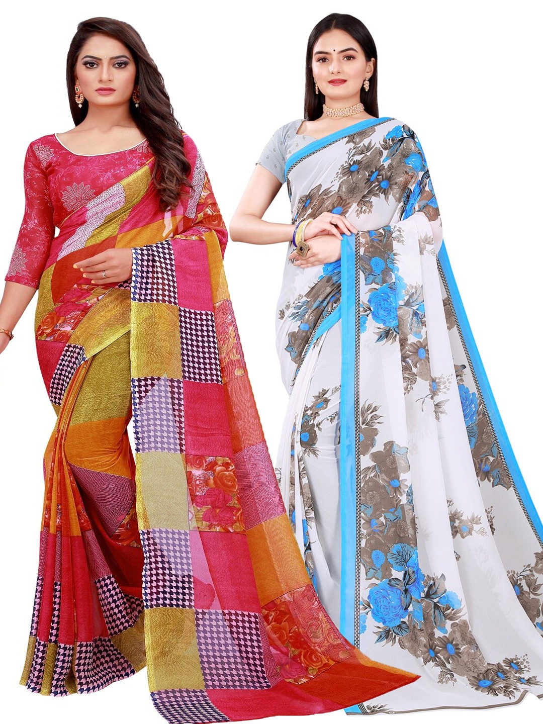 

Silk Bazar Red & White Pack of 2 Floral Pure Georgette Saree