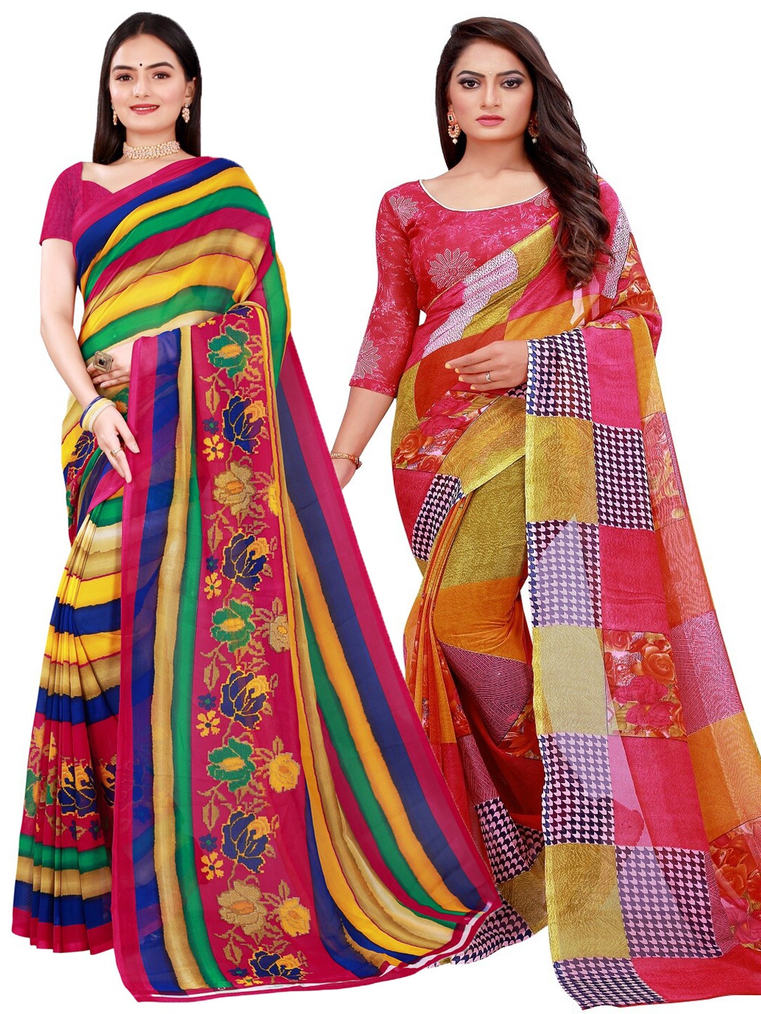 

Silk Bazar Yellow & Pink Pack of 2 Pure Georgette Saree