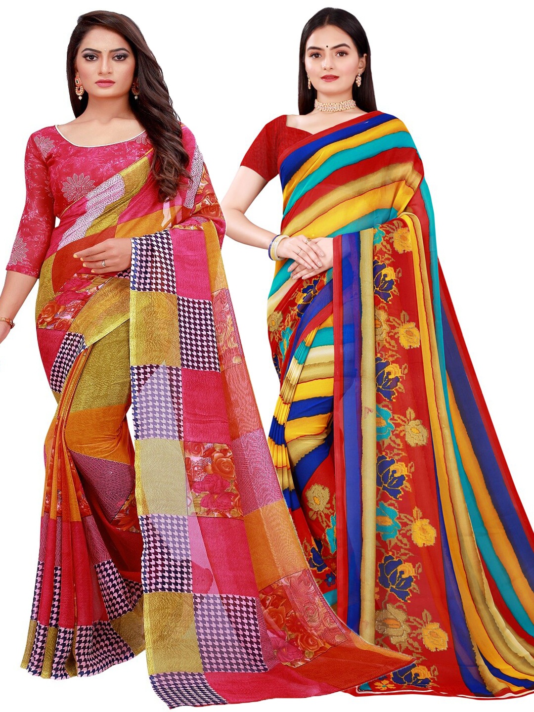 Silk Bazar Yellow & Blue Pack of 2 Floral Pure Georgette Saree