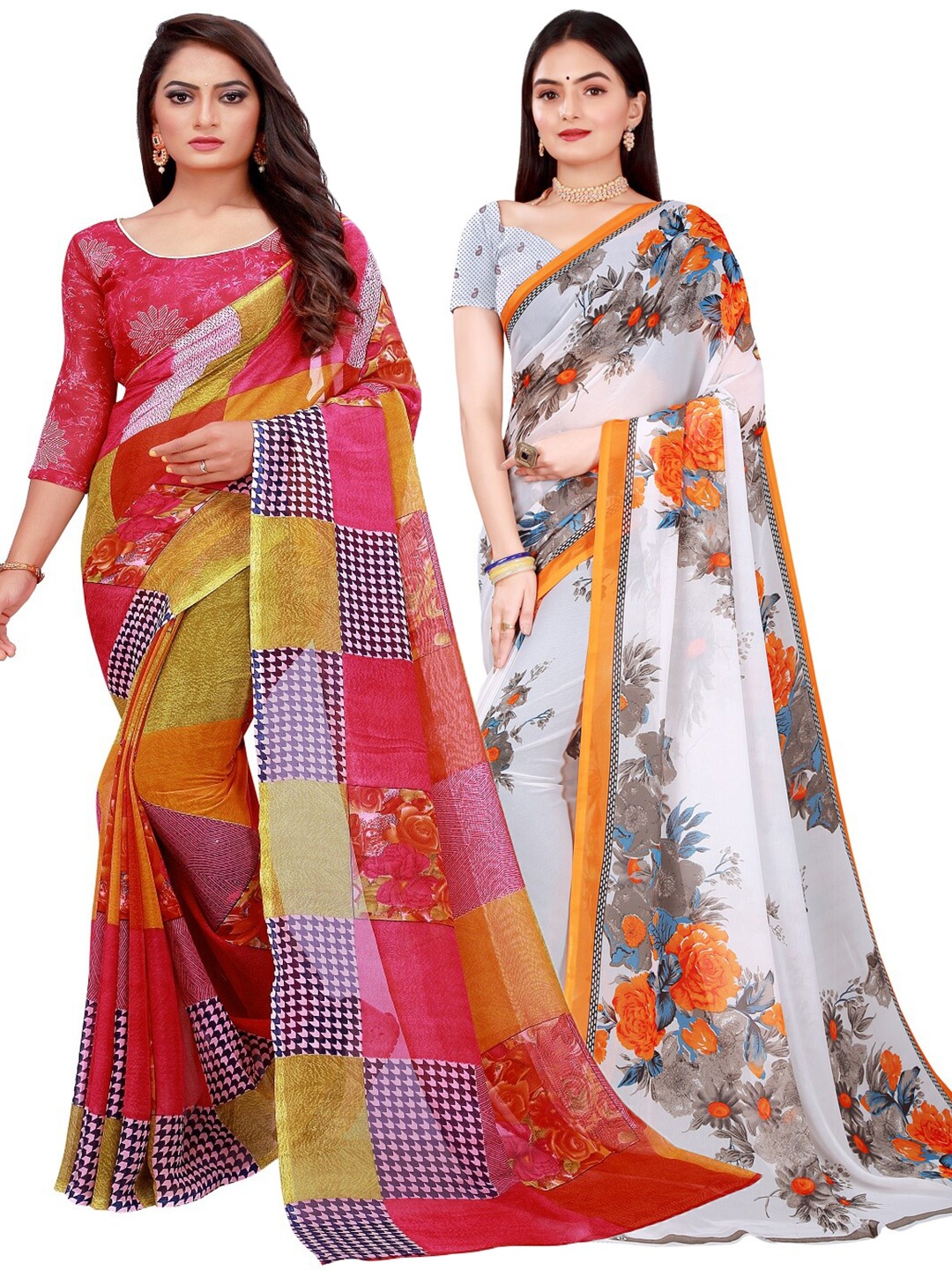 

Silk Bazar Red & White Pack of 2 Floral Pure Georgette Sarees