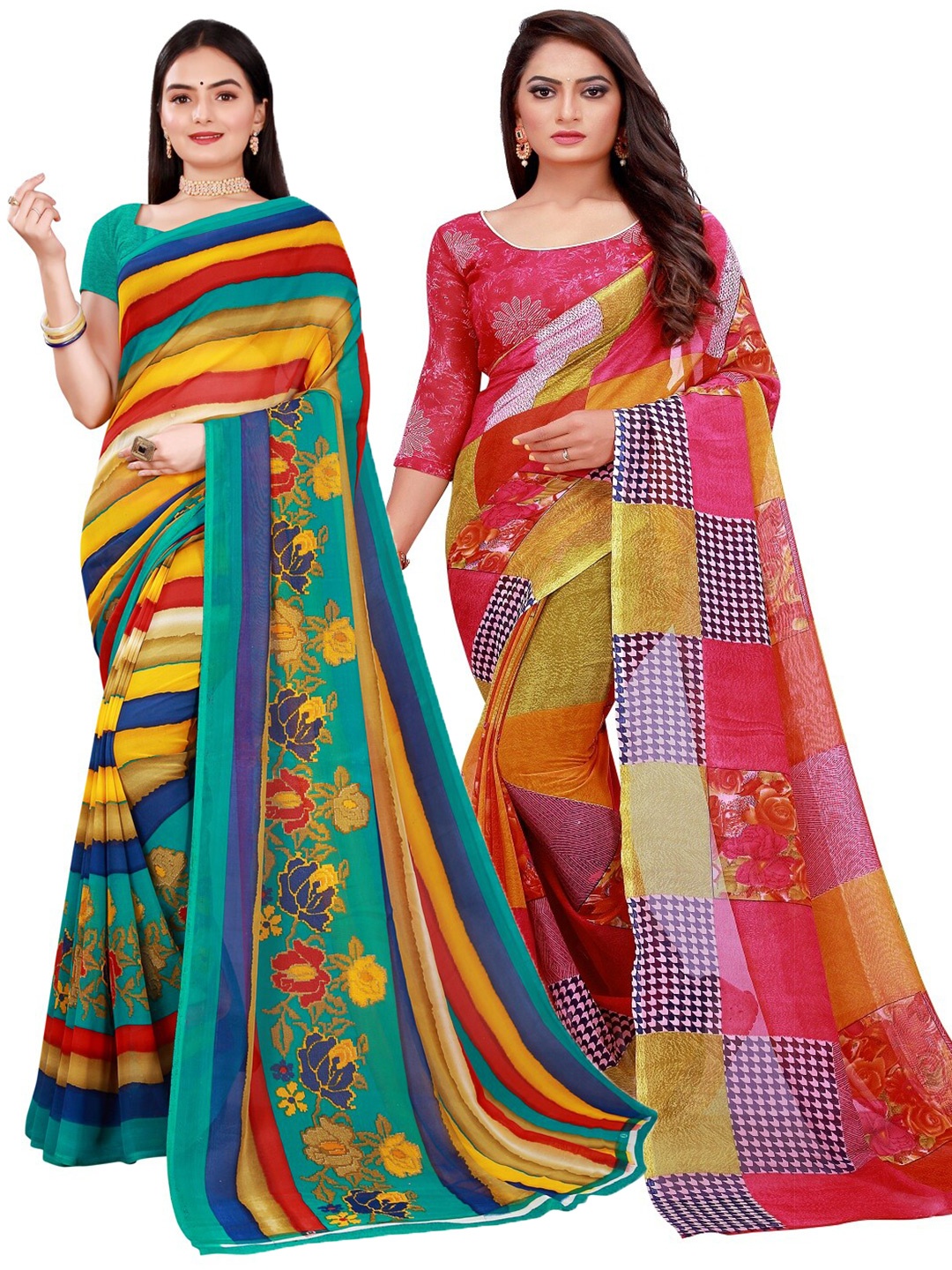

Silk Bazar Red & Green Pack of 2 Floral Pure Georgette Sarees