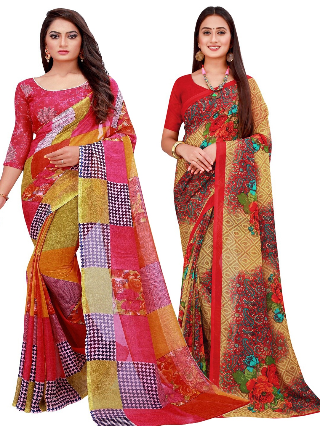 Silk Bazar Red & Beige Pack of 2 Floral Pure Georgette Sarees