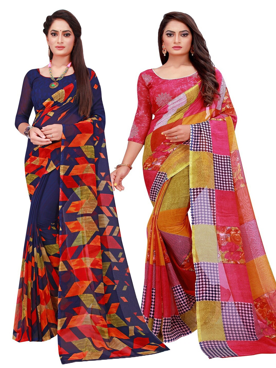 

Silk Bazar Navy Blue & Red Pack of 2 Pure Georgette Sarees