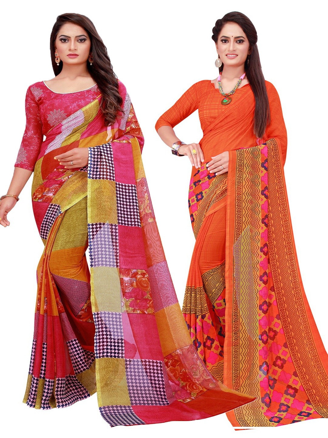 

Silk Bazar Orange & Red Pack of 2 Pure Georgette Sarees