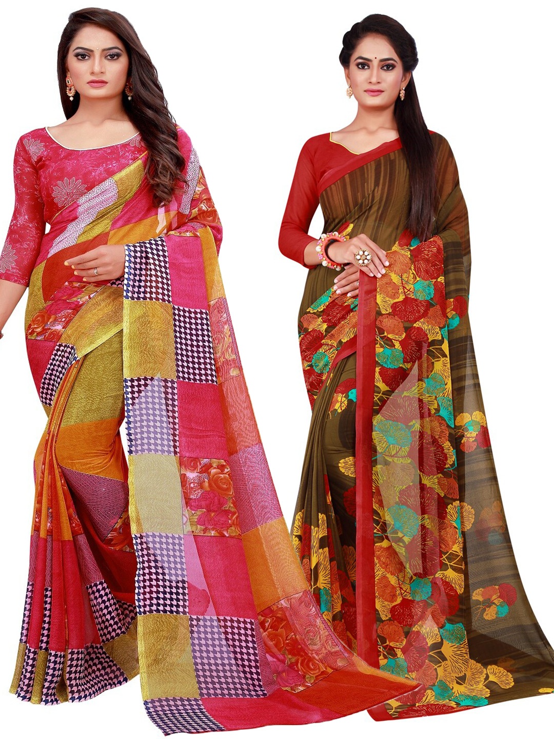 

Silk Bazar Red & Brown Pack of 2 Pure Georgette Sarees