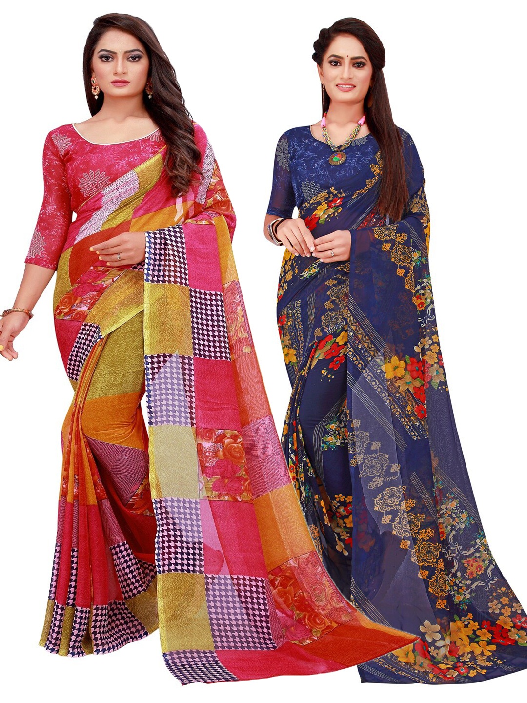 

Silk Bazar Red & Navy Blue Pack of 2 Floral Pure Georgette Sarees