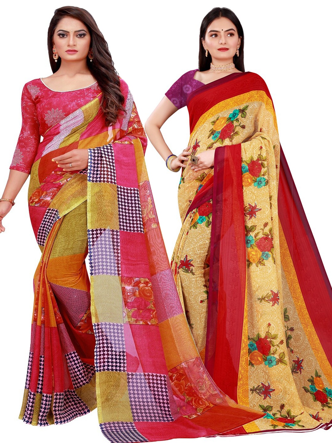 

Silk Bazar Beige & Red Pack of 2 Pure Georgette Sarees