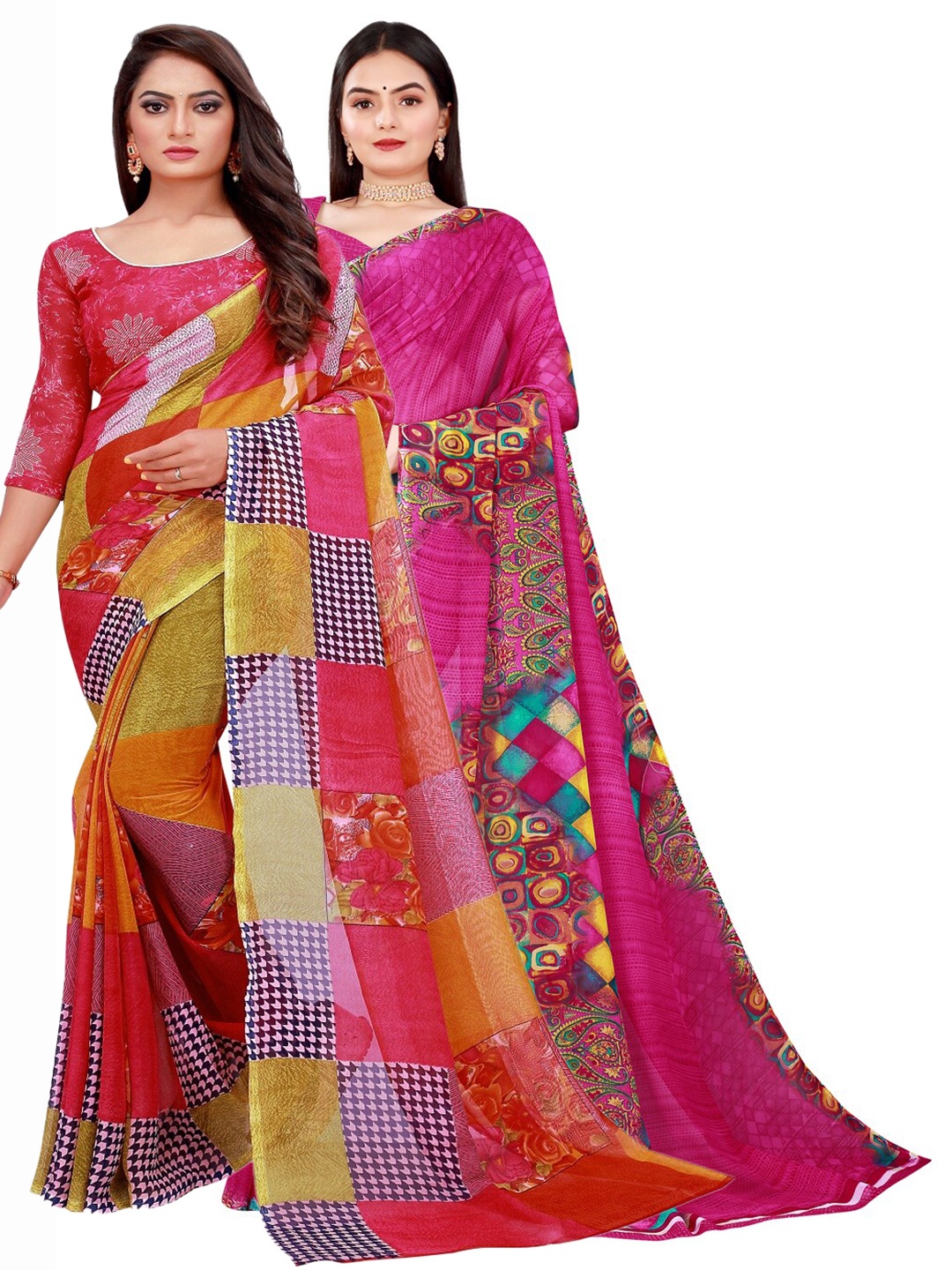 

Silk Bazar Magenta & Red Pack of 2 Floral Pure Georgette Sarees