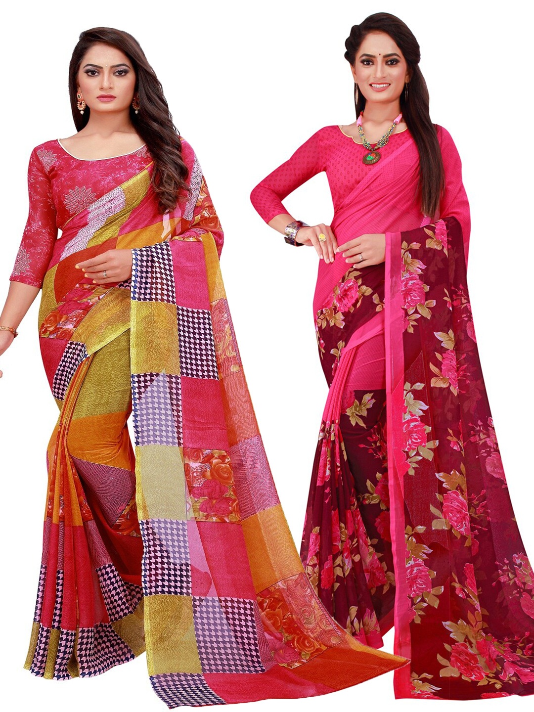 Silk Bazar Red & Magenta Pack of 2 Floral Pure Georgette Sarees
