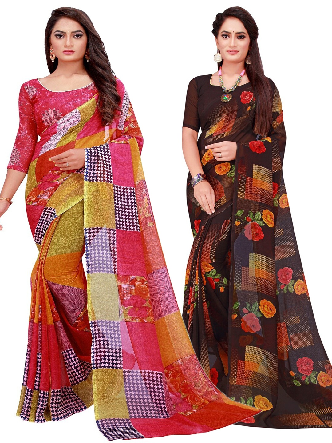 Silk Bazar Red & Black Pack of 2 Floral Pure Georgette Sarees