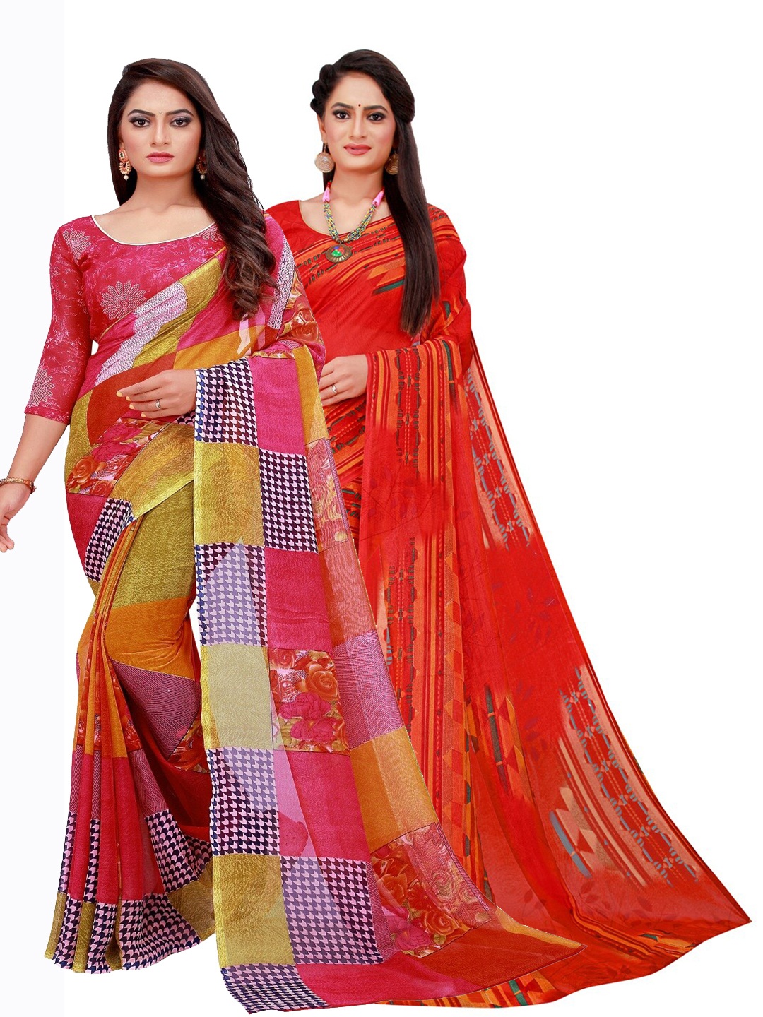 

Silk Bazar Red & Blue Pack of 2 Pure Georgette Sarees