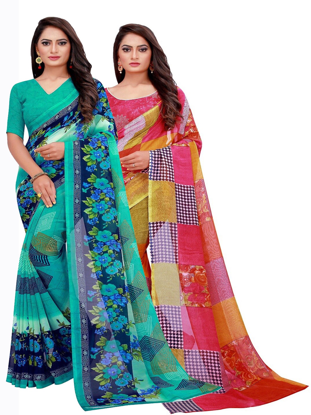

Silk Bazar Turquoise Blue & Red Pack of 2 Pure Georgette Sarees