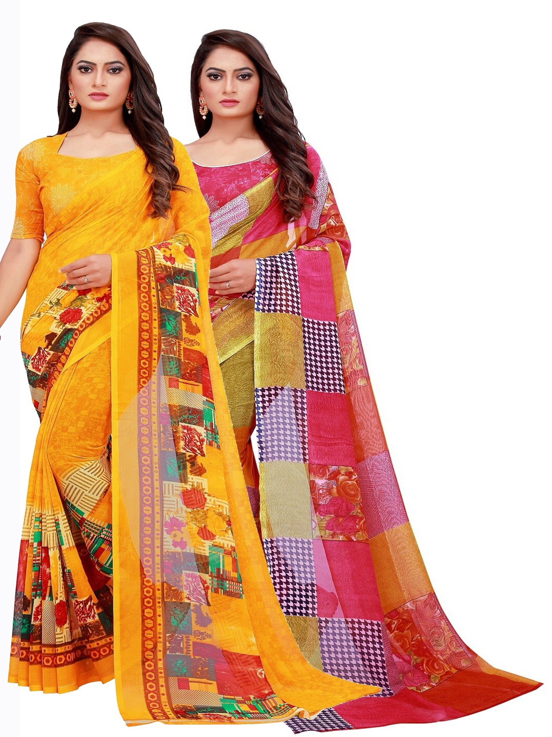 

Silk Bazar Red & Yellow Pack of 2 Pure Georgette Sarees