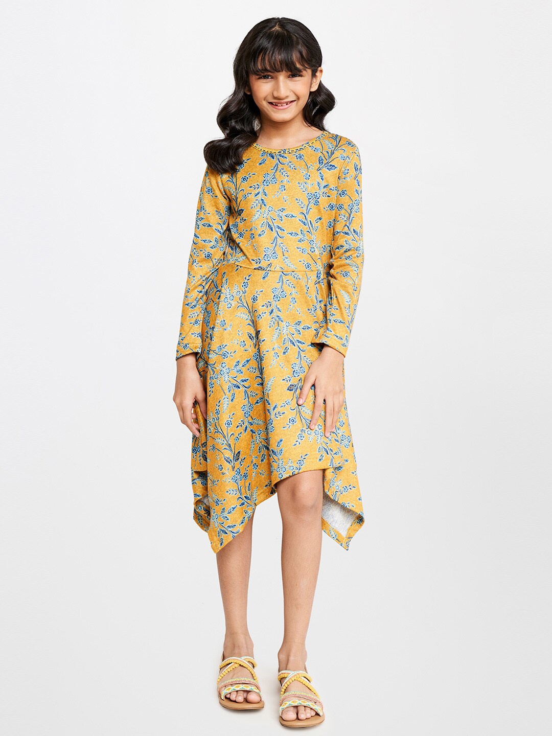

Global Desi Girls Mustard Yellow Floral Dress