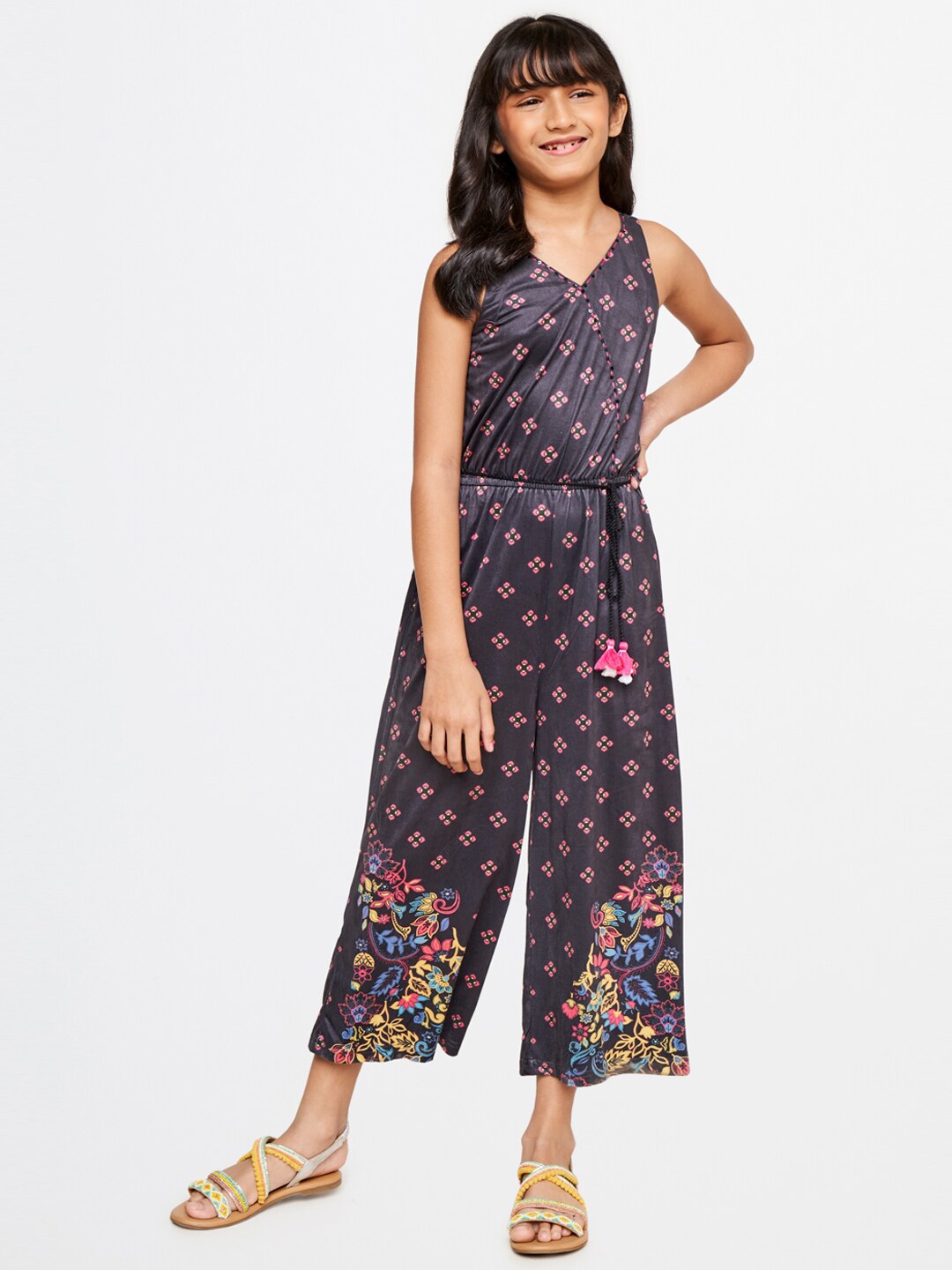 

Global Desi Girls Charcoal & Pink Printed Basic Jumpsuit