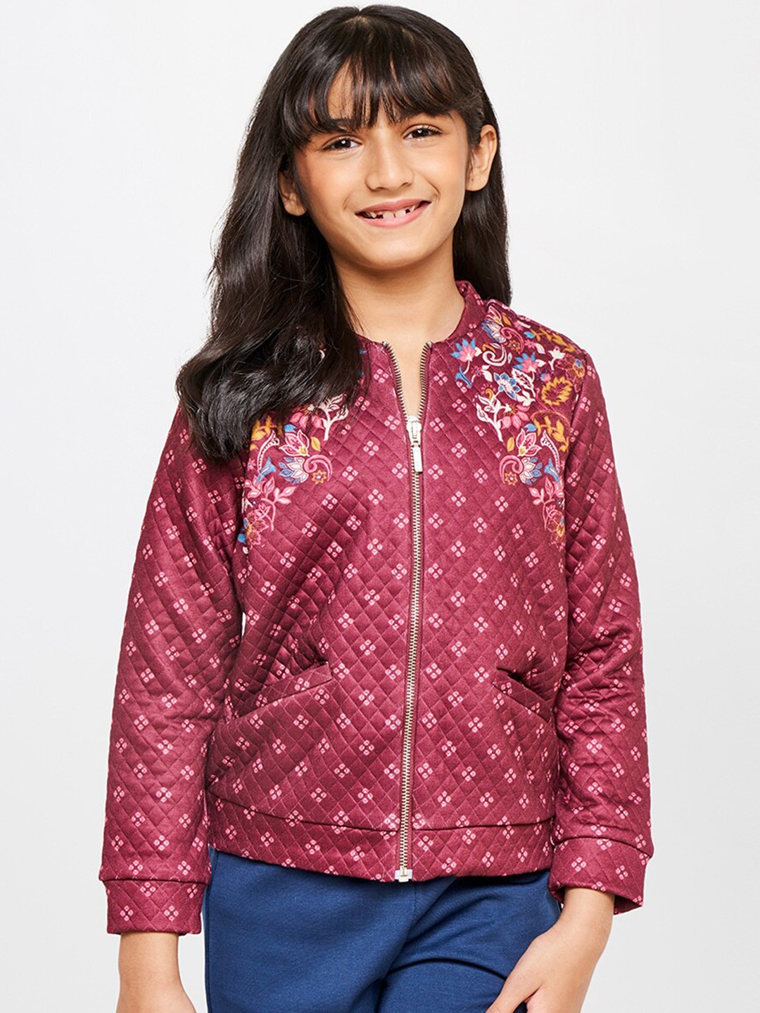 

Global Desi Girls Maroon Blue Floral Bomber Jacket