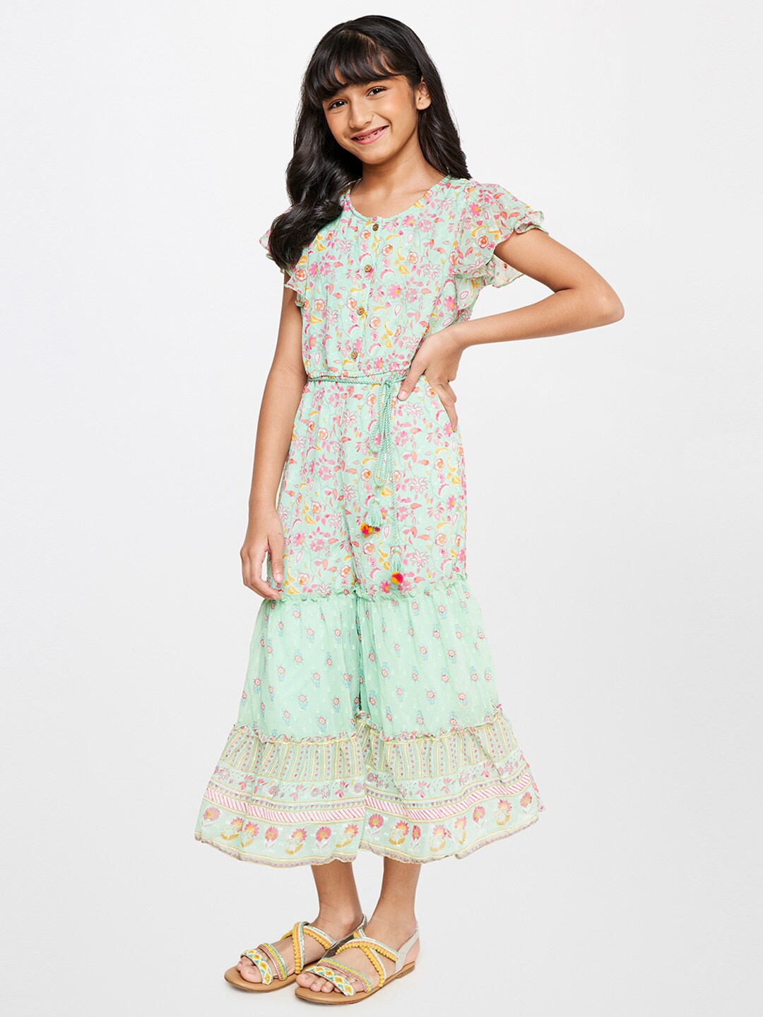 

Global Desi Girls Sea Green & Pink Floral Printed Basic Jumpsuit