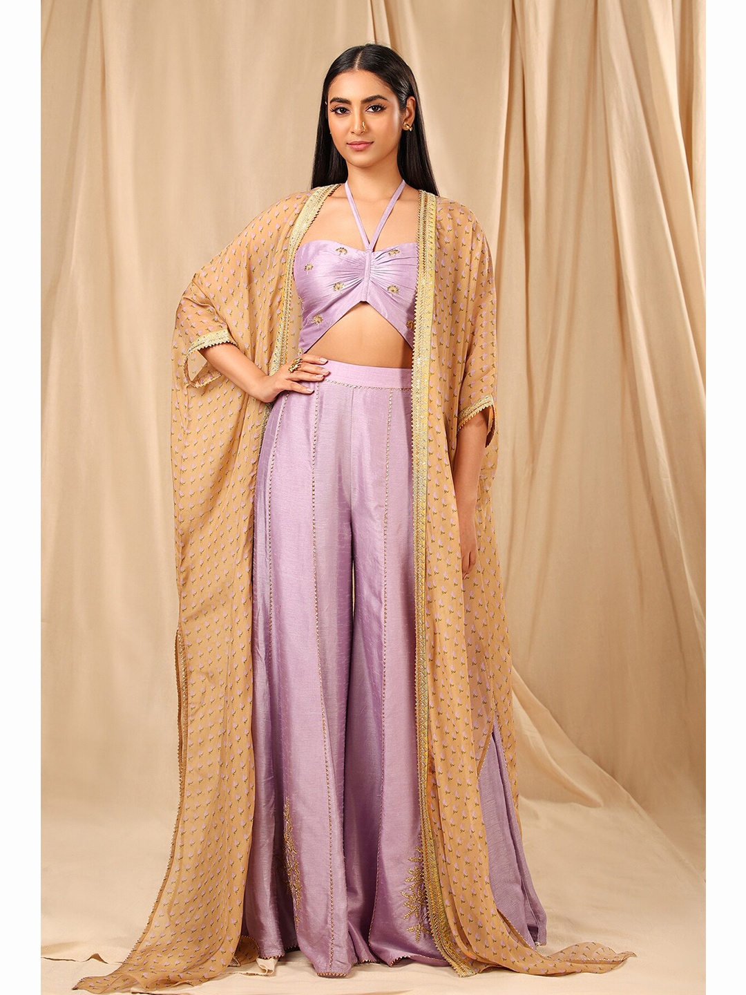 

Masaba Women Lavender Floral Embroidered Regular Top with Palazzos