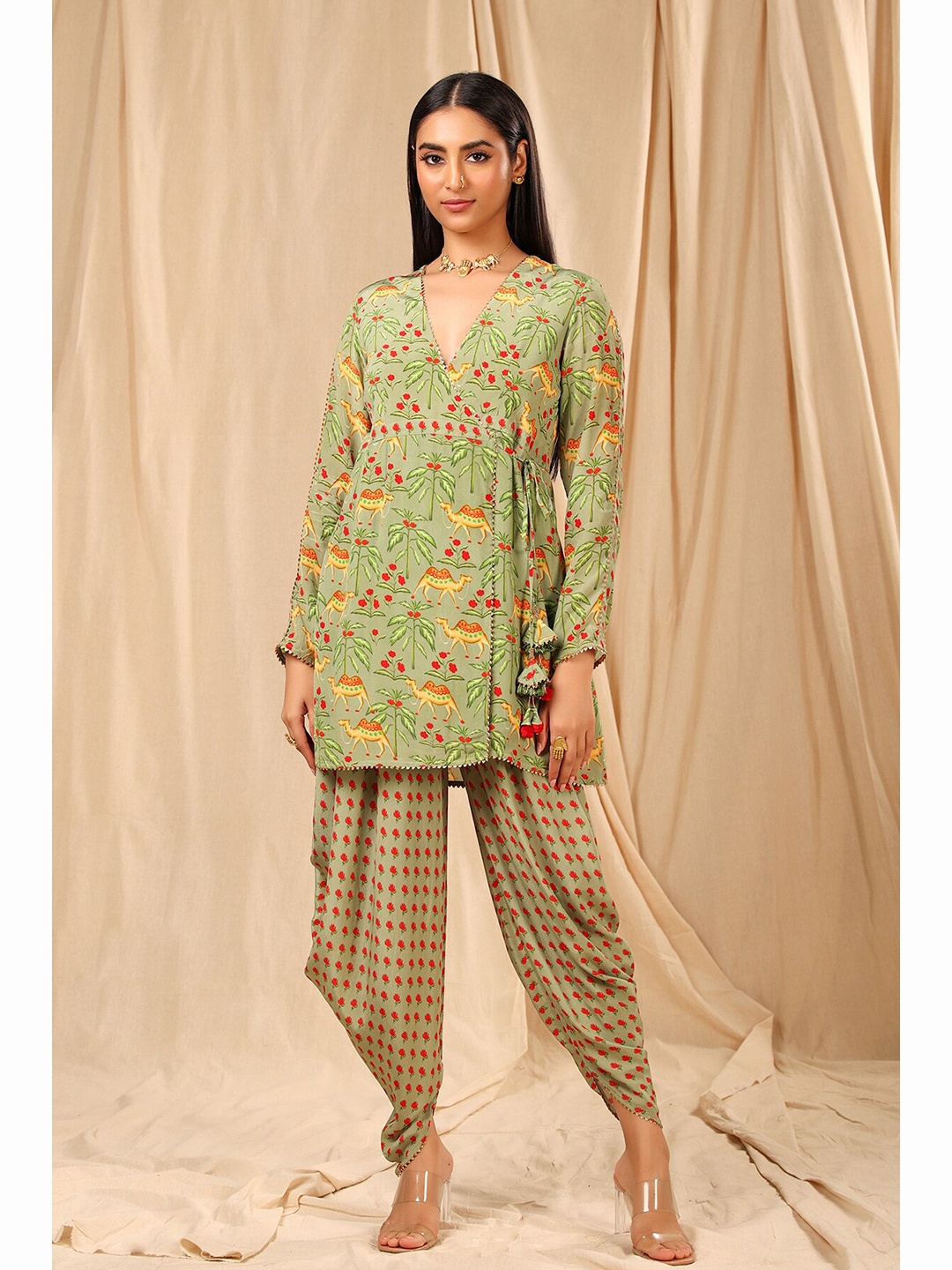 

Masaba Women Green Ethnic Motifs Printed Angrakha Kurti with Dhoti Pants