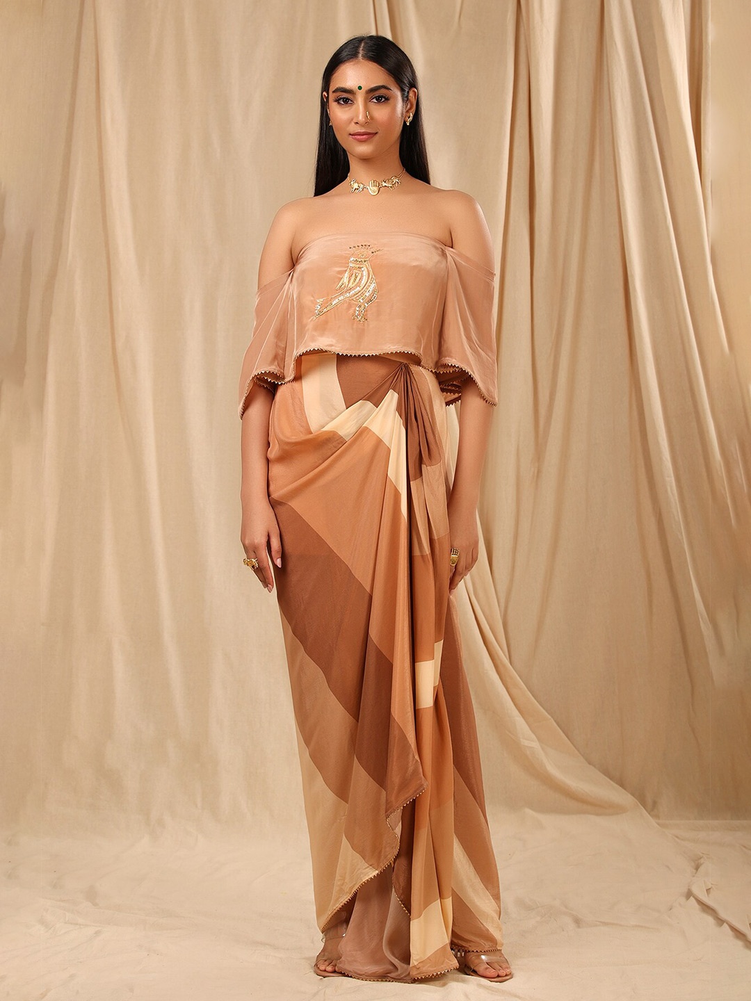

Masaba Women Brown Embellished Top with Drape Skirt Co-Ords Set