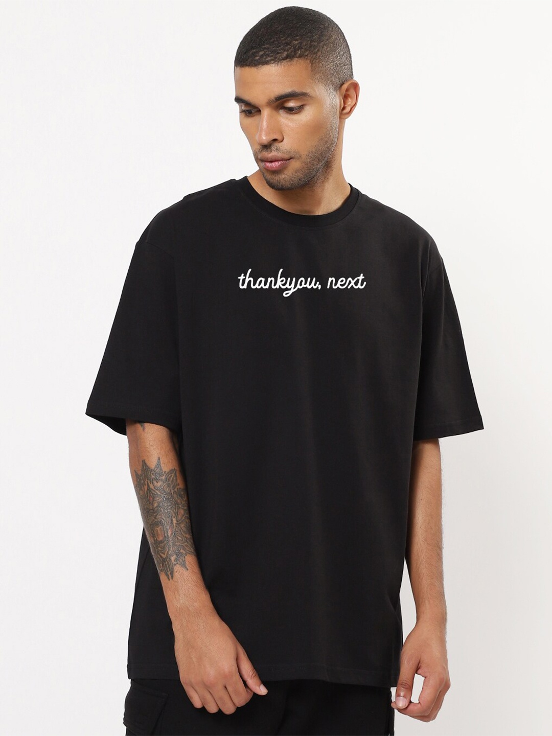 

Mad Over Print Men Black Typography Printed Drop-Shoulder Sleeves Oversized Cotton T-shirt