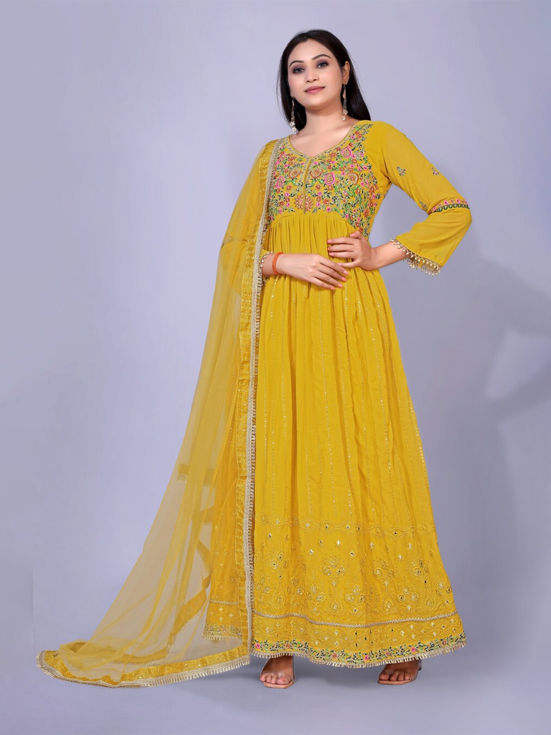 

kasee Women Yellow Floral Georgette Maxi Maxi Dress