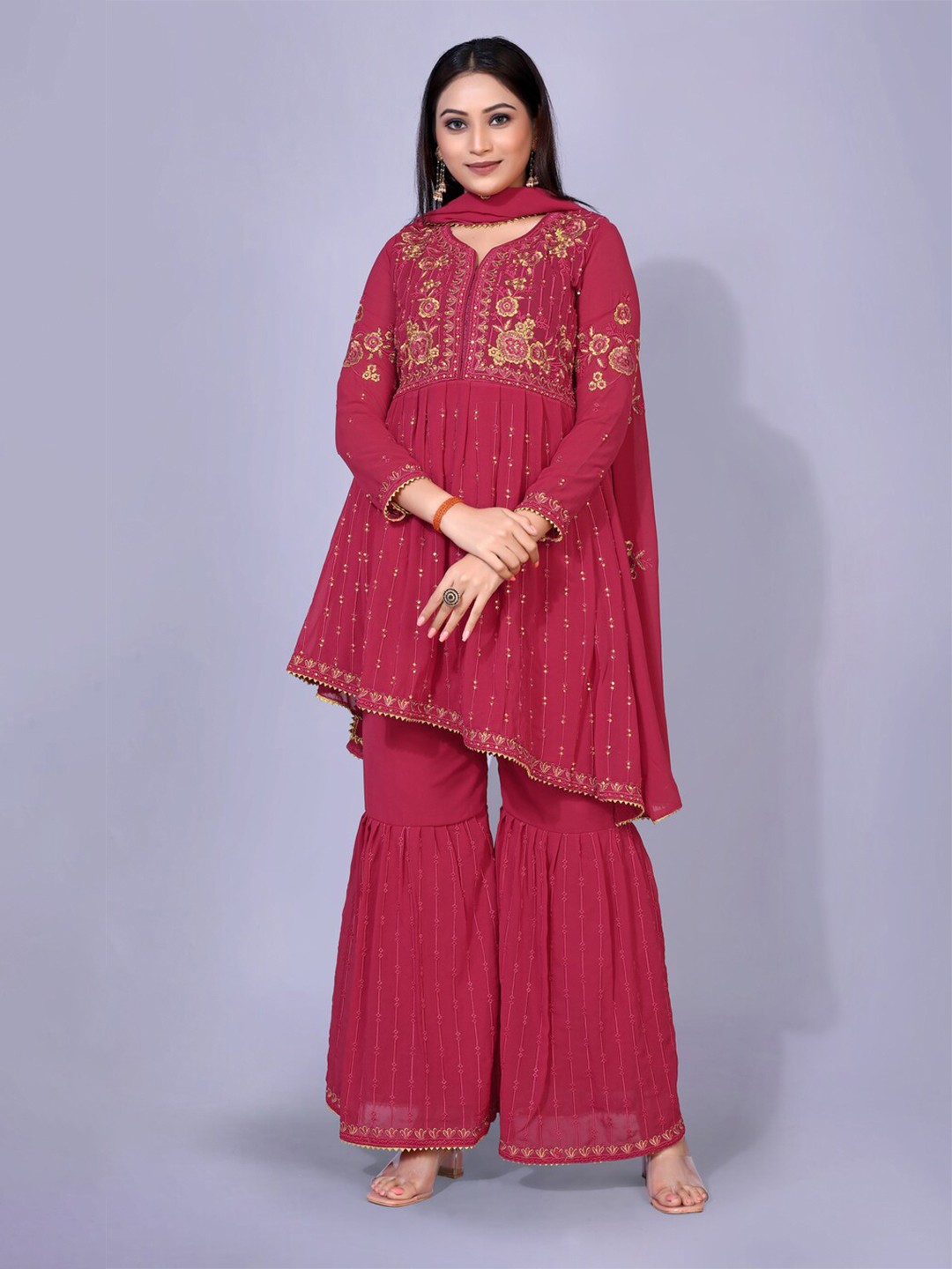 

kasee Women Red Floral Embroidered Empire Kurta with Sharara & Dupatta