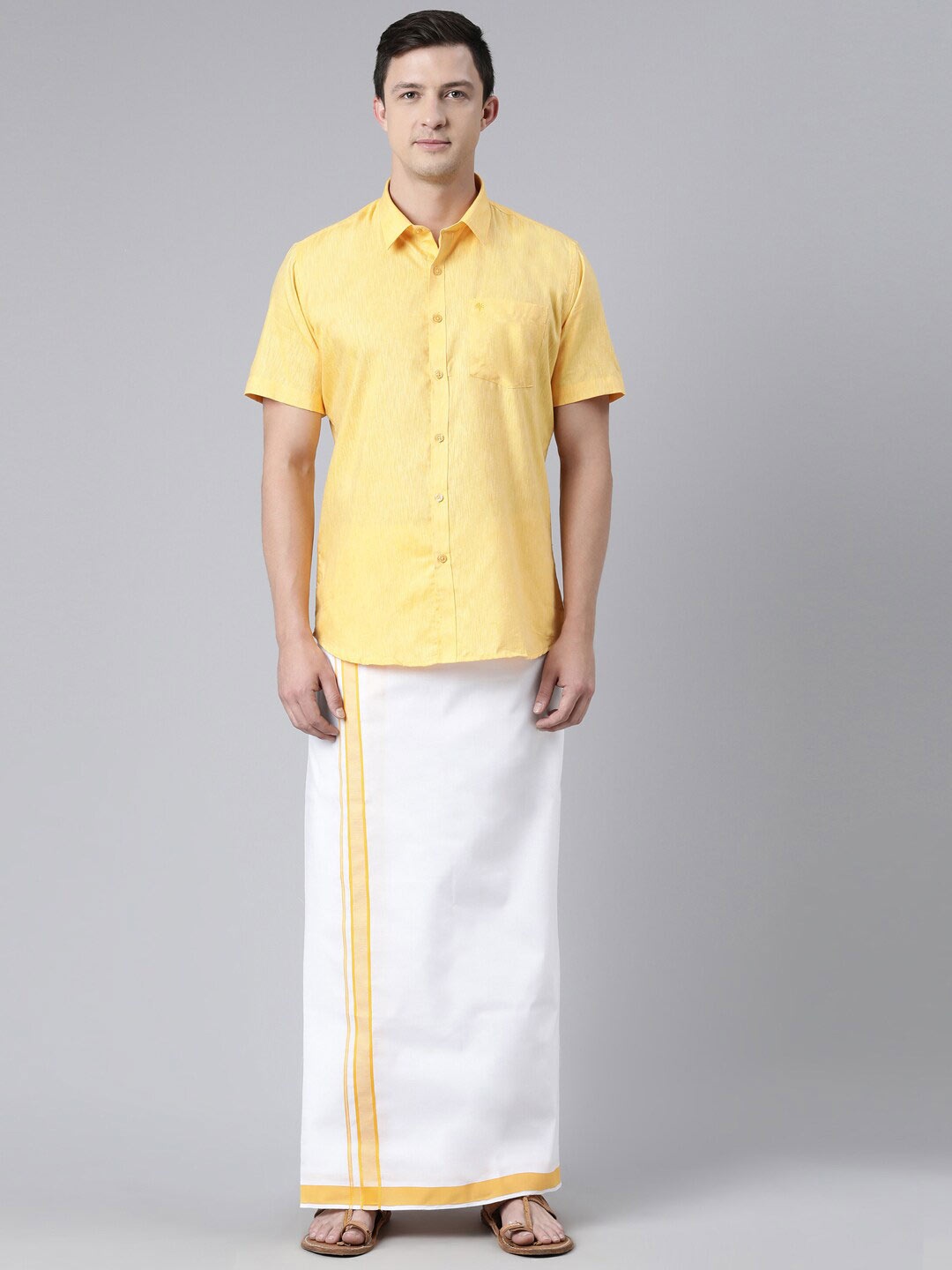 

Chennis Men Yellow & White Pure Cotton Shirt with Dhoti Set