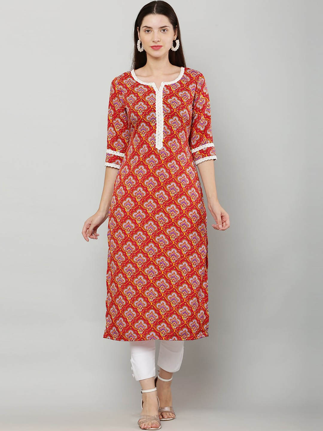 

Waahiba Ethnic Motifs Printed Crepe Kurta, Red